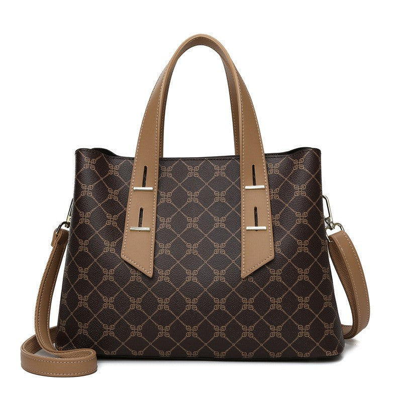 Women's Monogram Tote Bag, Premium Vegan Leather Work Handbag with Contrast Handles, Brown Diamond Pattern Shoulder Bag, Large Capacity Office Tote with Crossbody Strap