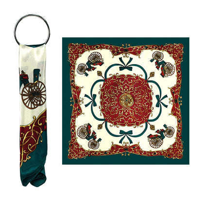 Red Carriage Print Satin Hijab Scarf, Luxury Square Headscarf for Women, Saudi UAE Eid & Party Wear