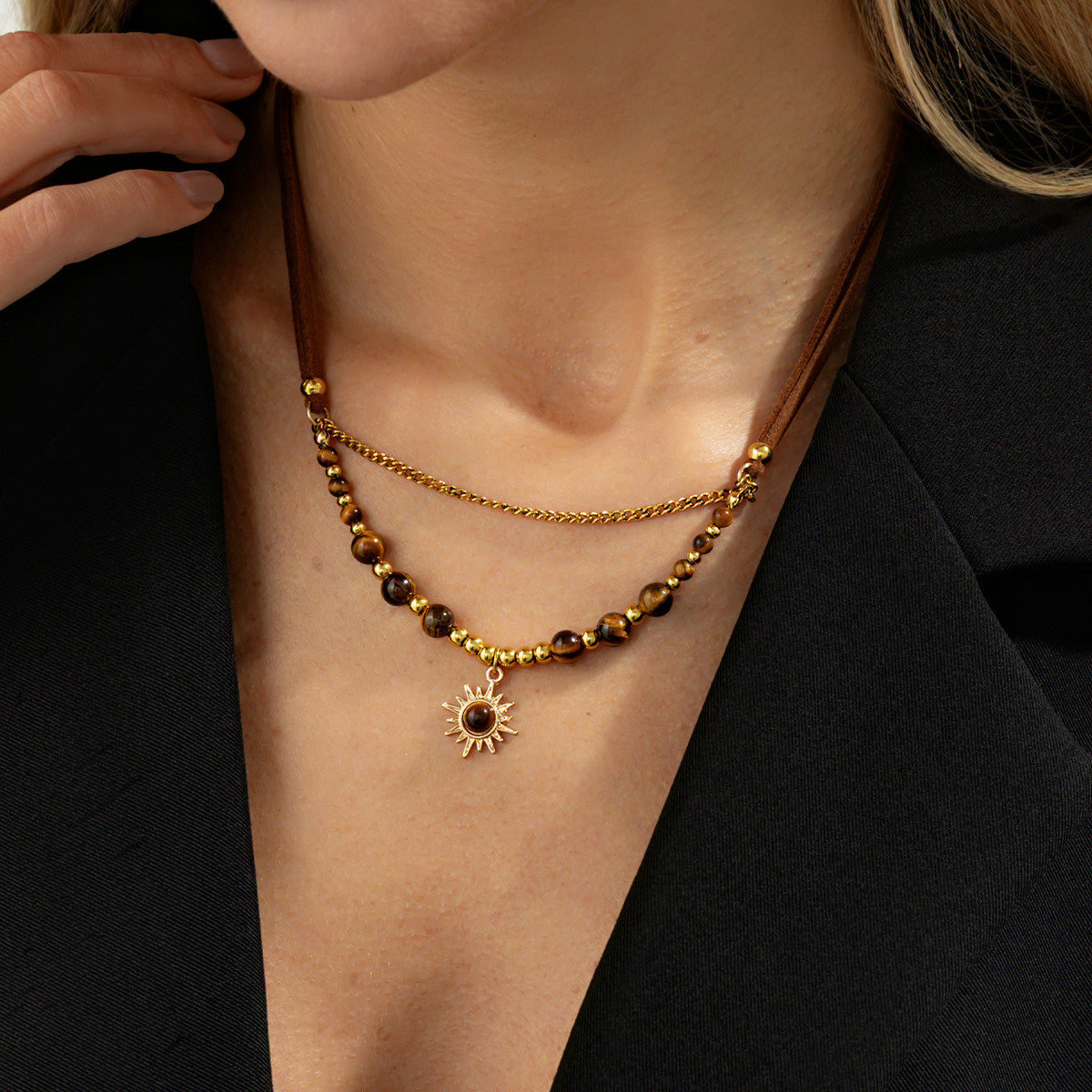 Gold Tiger Eye Layered Necklace Set, Womens Arabian Boho Suede Choker