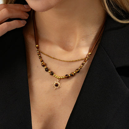 Gold Tiger Eye Layered Necklace Set, Womens Arabian Boho Suede Choker