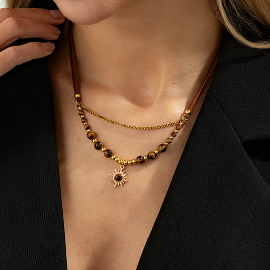 Gold Tiger Eye Layered Necklace Set, Womens Arabian Boho Suede Choker