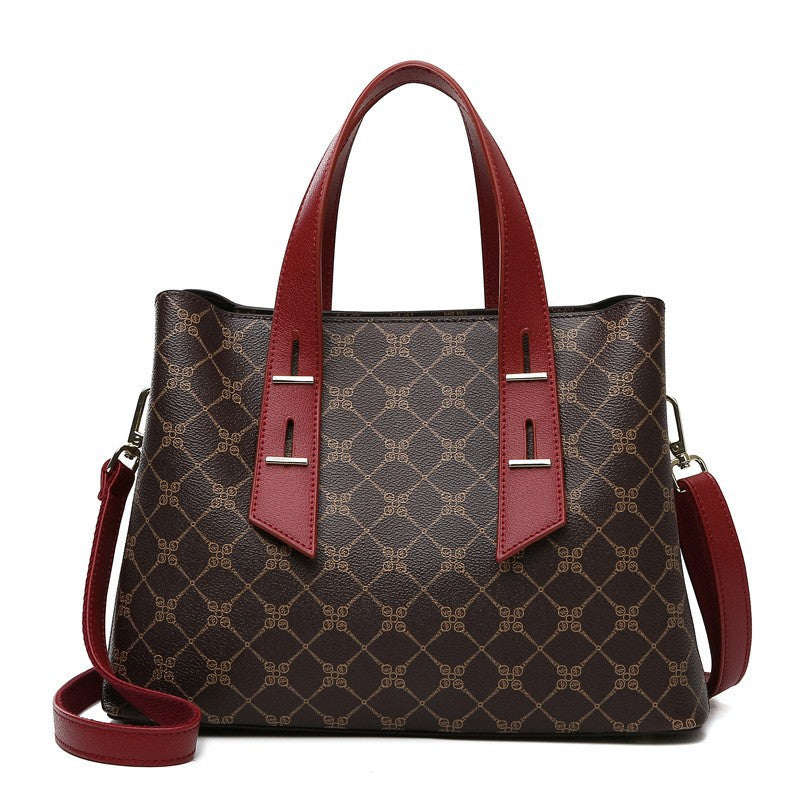 Women's Monogram Tote Bag, Premium Vegan Leather Work Handbag with Contrast Handles, Brown Diamond Pattern Shoulder Bag, Large Capacity Office Tote with Crossbody Strap