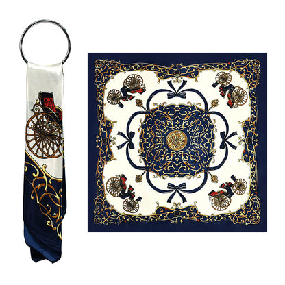 Red Carriage Print Satin Hijab Scarf, Luxury Square Headscarf for Women, Saudi UAE Eid & Party Wear