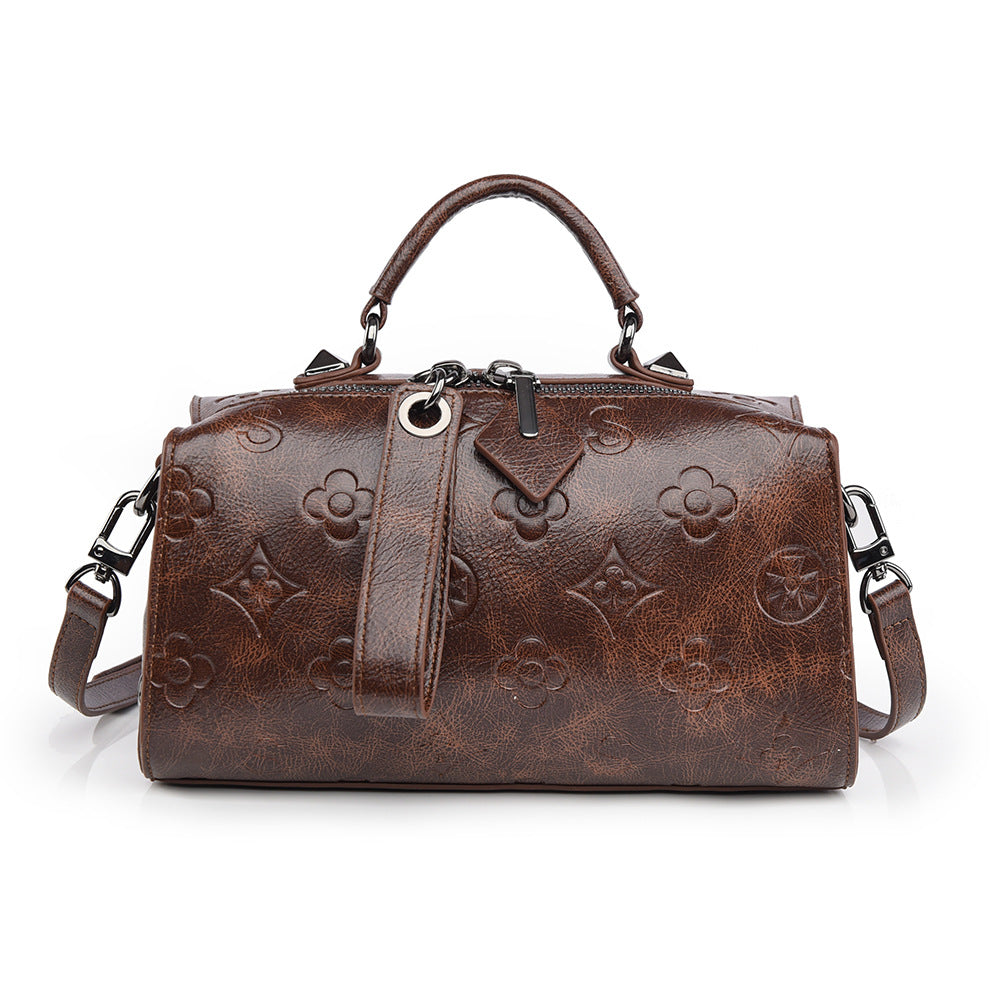 Women's Embossed Boston Bag, Premium Vegan Leather Barrel Handbag with Adjustable Strap, Black Monogram Pattern Top Handle Satchel, Large Capacity Shoulder Crossbody Bag