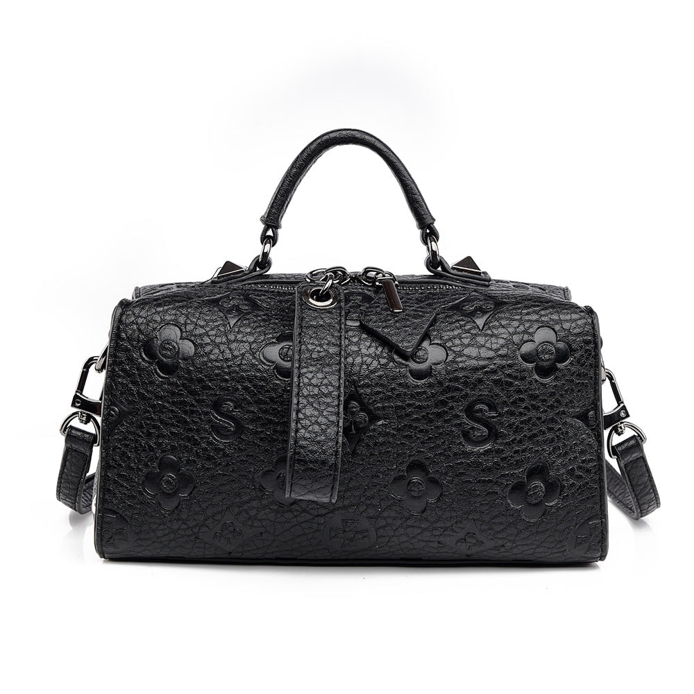 Women's Embossed Boston Bag, Premium Vegan Leather Barrel Handbag with Adjustable Strap, Black Monogram Pattern Top Handle Satchel, Large Capacity Shoulder Crossbody Bag