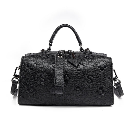 Women's Embossed Boston Bag, Premium Vegan Leather Barrel Handbag with Adjustable Strap, Black Monogram Pattern Top Handle Satchel, Large Capacity Shoulder Crossbody Bag