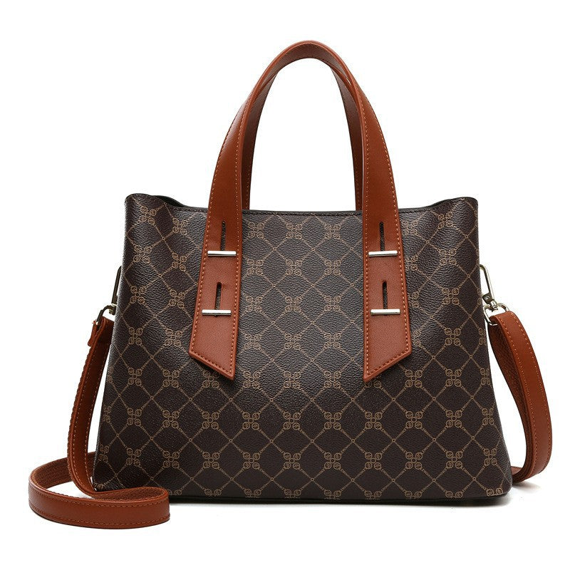 Women's Monogram Tote Bag, Premium Vegan Leather Work Handbag with Contrast Handles, Brown Diamond Pattern Shoulder Bag, Large Capacity Office Tote with Crossbody Strap