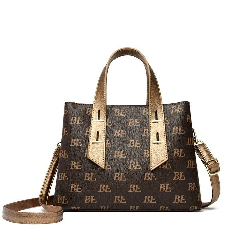Women's Monogram Tote Bag, Premium Vegan Leather Work Handbag with Contrast Handles, Brown Diamond Pattern Shoulder Bag, Large Capacity Office Tote with Crossbody Strap